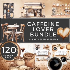 Caffeine Lover Clipart Bundle, Watercolor Coffee Mug Graphics, Barista, Background Paper, and Espresso Martini, for Digital Creators | UC005