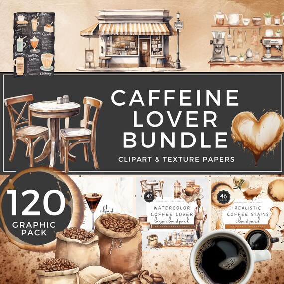Caffeine Lover Clipart Bundle, Watercolor Coffee Mug Graphics, Barista, Background Paper, and Espresso Martini, for Digital Creators | UC005