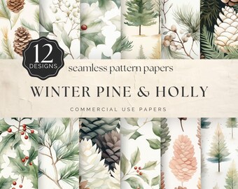 Winter Pine & Holly Seamless Pattern Paper, Watercolor Natural CHristmas, for Commercial Use Craft UV DTF Tumbler | UC301
