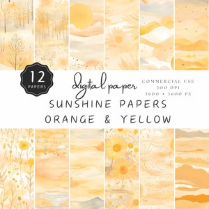 Papel digital Sunshine, patrón sin costuras, fondo naranja y amarillo, flores naturales y sol para artesanos y artistas del papel / UC301