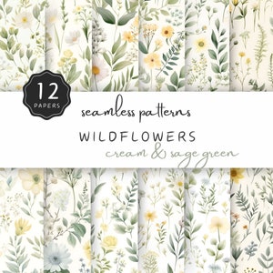 May include: Twelve seamless patterns featuring watercolor illustrations of wildflowers in cream and sage green colors. The patterns are perfect for crafting, scrapbooking, and digital design projects.