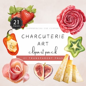 Charcuterie Art Clipart, Watercolor Realistic Illustrations. Salami Rose, Cheese Triangles, Prosciutto, Kiwi Star, Brie Wheel | UC005