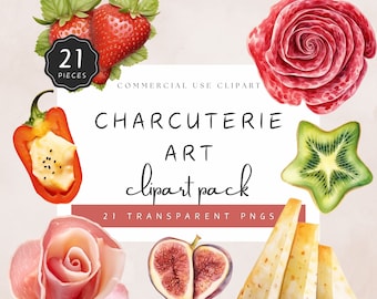 Charcuterie Art Clipart, Watercolor Realistic Illustrations. Salami Rose, Cheese Triangles, Prosciutto, Kiwi Star, Brie Wheel | UC005