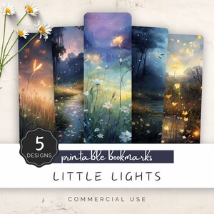 May include: Set of five printable bookmarks featuring dreamy landscape art with glowing flowers and a stream. The bookmarks have a vertical design and are labeled "Little Lights". The image includes the text "5 Designs" and "Commercial Use".