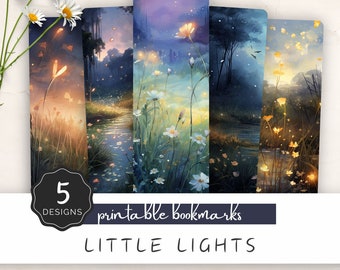 Zakładka do książki Little Lights Printable Bookmark, akwarelowe urocze zakładki Fireflies Meadow at Dusk, dla miłośników książek, 5 słodkich pasujących wzorów | UC701