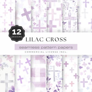 Papel digital de Pascua en morado, fondo cristiano, clipart de cruz lila en formato JPG, ilustración religiosa occidental, patrón sin costuras / UC301