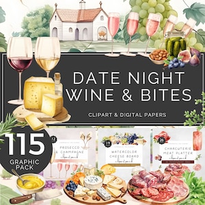 Wine and Cheese Board Clipart, Restaurant Platter, Winery Digital Papers, Date Night Snacks Wine & Bites, for Commercial Craft UVDTF | UC005