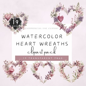 Heart Shaped Wreaths Clipart Watercolor Floral Wreath Roses Lavender Ivy Carnations Vintage Daisies PNG Commercial Use | UC003