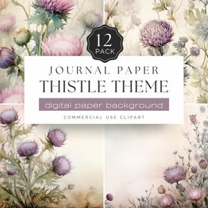 Papier numérique floral chardon - 12 fonds de chardon aquarelle pour carnets de bord, scrapbooking, travaux manuels, cartes, ensemble de papier pour carnet | UC302