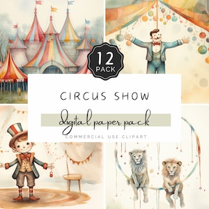 Circus Show Paper jpg, Dreamy Horse Carousel Background, Trapeze Acrobats Tightrope Walk, for Commercial Use Crafts like Junk Journal| UC302