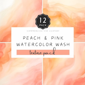 May include: A set of 12 peach and pink watercolor wash textures.  Commercial use clipart.  Texture pack.