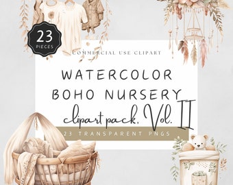 Boho Baby Girl Clipart Neutral Baby Clothes Rack Dreamcatcher Bohemian Theme Watercolor Illustrations PNG Commercial Use | UC020