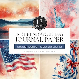 Diario del Día de la Independencia, 12 papeles digitales patrióticos, fuegos artificiales del 4 de julio, bandera estadounidense, clipart para uso comercial / UC402