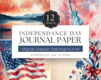 Independence Day Journal Paper, 12 Patriotic Digital Papers, 4th of July Fireworks, American Flag, Commercial Use Clipart | UC402