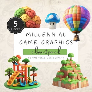 Clipart di grafica di videogiochi per computer millenari, immagini pixelate avanzate, palloncino, albero verde, fungo carino, 5 PNG / UC207