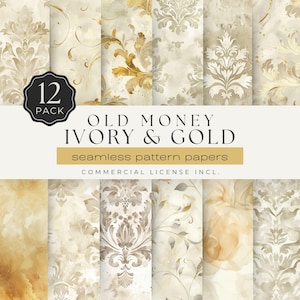 Papéis com estampas sem costura em marfim e dourado da Old Money – 12 fundos digitais luxuosos com charme do Velho Mundo para artesanato | UC301