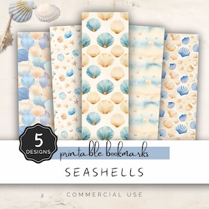 Könnte beinhalten: Fünf druckbare Lesezeichen-Designs mit Muscheln in Blautönen und Beige auf weißem Hintergrund. Der Text "printable bookmarks SEASHELLS COMMERCIAL USE" befindet sich am unteren Rand des Bildes.