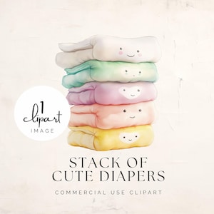 May include: A stack of five colorful cloth diapers with happy faces and hearts. The diapers are folded and stacked on top of each other. The background is a light beige color.