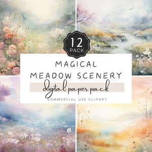Papel de paisaje de pradera mágica jpg, telón de fondo de textura de lavado de acuarela pastel, campo romántico de flores silvestres, para artesanías de uso comercial / UC302