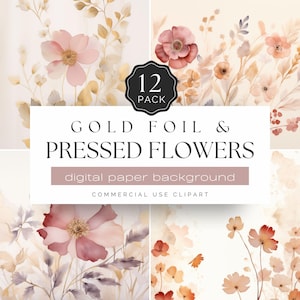 Goudfolie geperste bloemen digitaal papier, 12 elegante bloemenachtergronden, vintage botanisch briefpapier, shabby chic bruiloftsbriefpapier | UC302