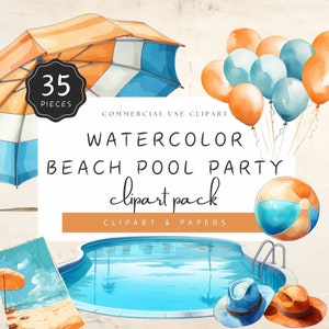 May include: Watercolor clipart pack with 35 pieces featuring a pool, beach umbrella, beach ball, and pool floats. The clipart is perfect for creating invitations, party decorations, and other summer-themed projects.