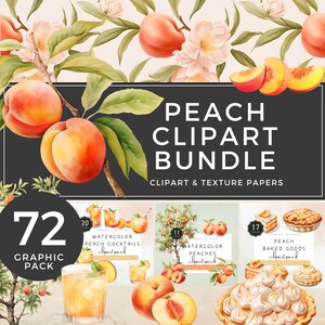 Peach Clipart Watercolor Bundle Peaches PNG Cocktails Cheesecake and Peach Blossom Digital Papers for Commercial Use | UC005