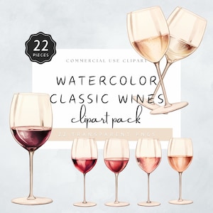 Wine Clipart Watercolor Wine Glasses, Classic Red, White, Bubbly Alcohol, Date Night Drinks, Birthday Toast | UC005