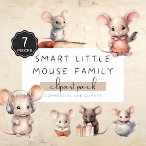Pack de cliparts petite souris intelligente, aquarelles souris ringard tech, casque, tasse de thé, ordinateur portable, 7 images PNG pour sublimation artisanale DTF | UC004