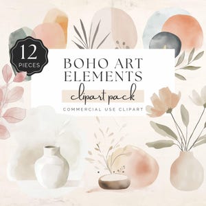 May include: A set of 12 watercolor boho art elements clipart. The clipart includes abstract shapes, flowers, leaves, and vases in shades of pink, peach, brown, and gray. "BOHO ART ELEMENTS clipart pack COMMERCIAL USE CLIPART" is written in black text on a white background.