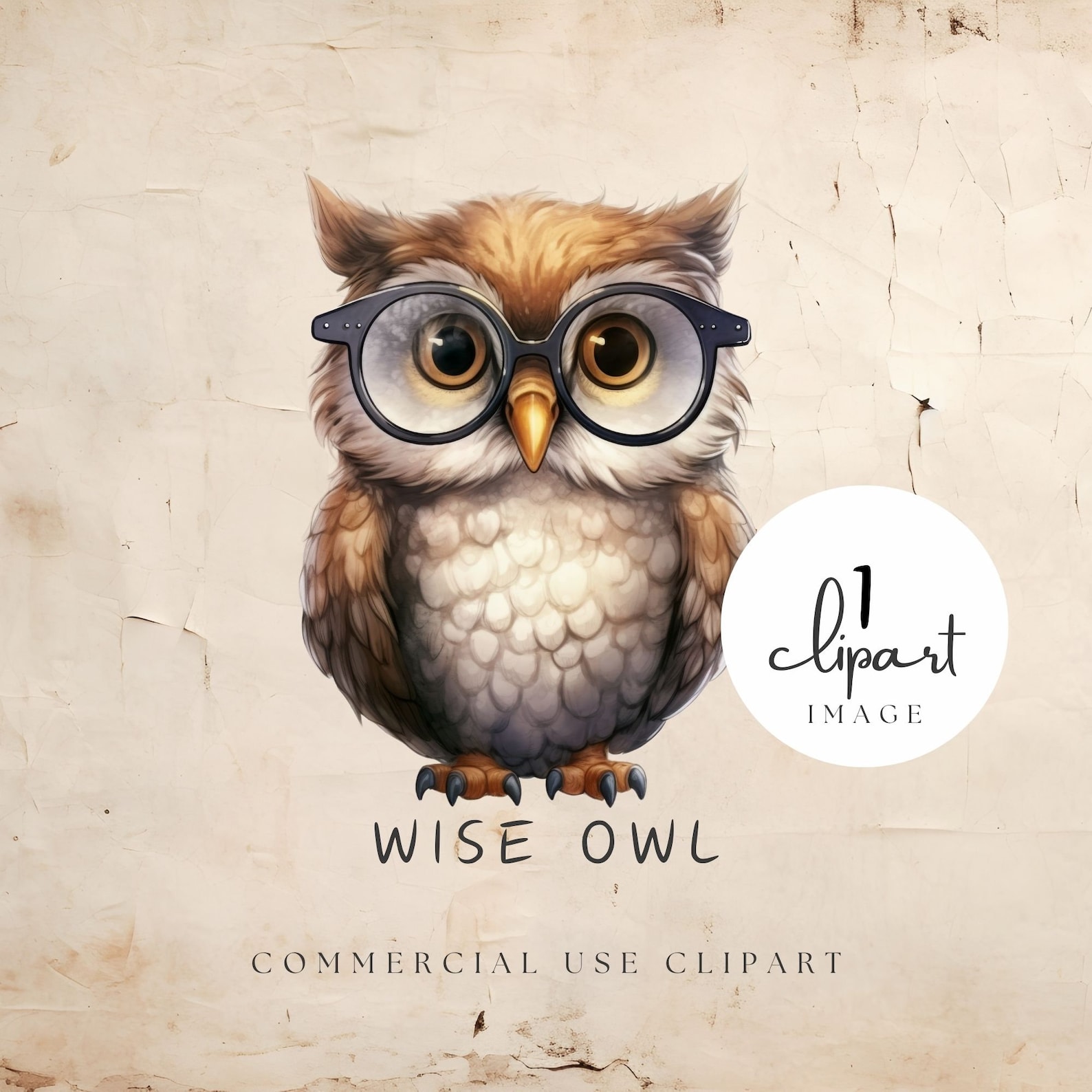 Wise Owl Clipart, Watercolor Owl With Black Glasses Illustration ...
