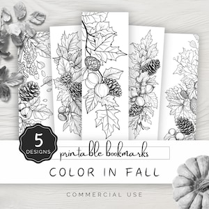 Può includere: Cinque segnalibri stampabili con illustrazioni in bianco e nero di foglie autunnali, pigne e bacche. Il testo "Color in Fall" e "Commercial Use" è incluso nell'immagine.