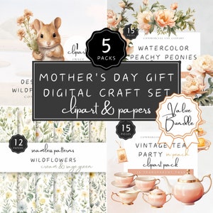 Mother's Day Gift Digital Craft Set Bundle of Clipart and Digital Papers, Cute Mouse, Wildflowers, Vintage High Tea and Macarons | UC020