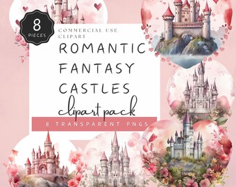 Romantic Castle Clipart Fantasy Fort PNG Medieval Mansion Graphic Regency Chateau Pink Heart Shaped Commercial Use | UC207
