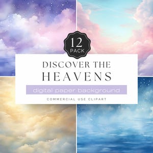 Digitaal papier hemelse lucht - 12 wolk- en sterachtergronden, pastelkleurige luchttexturen, dromerige aquarel clipart | UC302