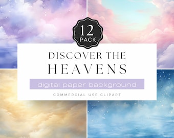 Heavenly Sky Digital Paper - 12 Cloud and Star Backgrounds, Pastel Sky Textures, Dreamy Watercolor Clipart | UC302