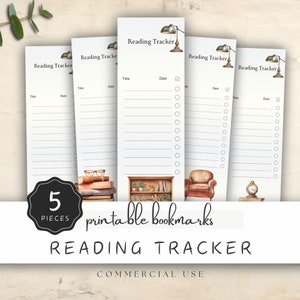 May include: Set of five printable bookmarks with a reading tracker theme. Each bookmark features a different illustration: a stack of books, a bookshelf, an armchair, and a clock. The bookmarks are designed for commercial use.