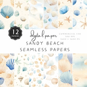 Sandy Beach digitaal papier naadloos, aquarel patroon, schelpen en zandkorrels, zeesterren, commercieel gebruik JPG | UC301