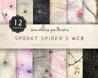 May include: Twelve digital paper designs featuring various spiderwebs in black, white, gray, pink, and red. The designs are seamless and perfect for Halloween crafts and projects. The text "12 Papers" and "Spooky Spider's Web" is included in the image.
