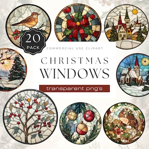 Puede incluir: Conjunto de 20 imágenes de clipart digitales de ventanas de Navidad de vitrales. Las imágenes presentan una variedad de diseños, que incluyen un petirrojo en una rama, una corona navideña, una iglesia, un árbol y un ángel dormido. El texto "20 PACK COMMERCIAL USE CLIPART CHRISTMAS WINDOWS transparent png's" está incluido en la imagen.