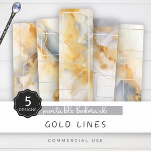 May include: Five printable bookmarks with a gold line design. The bookmarks feature a watercolor background with shades of gray and yellow.