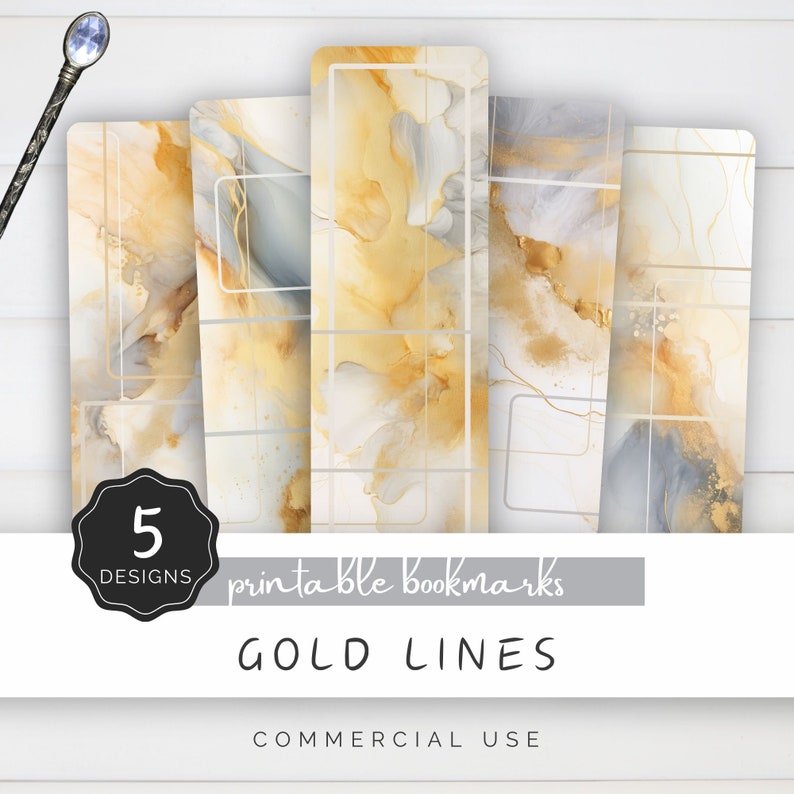 Gold Lines Printable Bookmark, Watercolor Cute Bookmarks Alcohol Ink