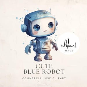 May include: A cute blue robot with a friendly face and large eyes. The robot has a rectangular head and a body with rounded edges. The robot is standing on a white background.