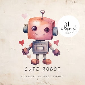 May include: A watercolour illustration of a cute pink and grey robot with a friendly face. The robot has a small antenna on top of its head and is surrounded by pink hearts. The text "Cute Robot" and "Commercial Use Clipart" is below the robot.