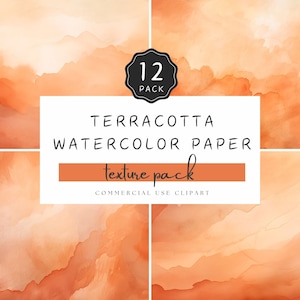 Puede incluir: Un paquete de 12 texturas de papel acuarela terracota. Las texturas son una mezcla de tonos naranja claro y oscuro, creando una sensación cálida y acogedora. El texto "Terracotta Watercolor Paper Texture Pack Commercial Use Clipart" se muestra en un rectángulo blanco.