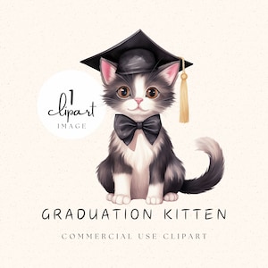 Chat de remise des diplômes PNG Clipart aquarelle chaton mignon dans le style avec noeud papillon et casquette de diplômé pour une invitation ou un cadeau de remise des diplômes | UC004