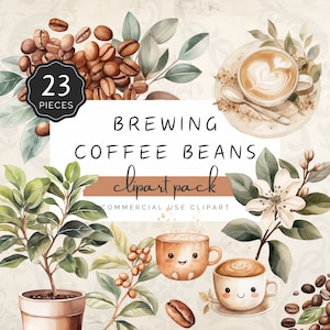 Brewing Coffee Bean Clipart, Watercolor Cappuccino Baby, Coffee Plant Greenery Flower, 23 PNG Graphics for Invite | UC005