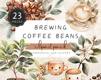 Brewing Coffee Bean Clipart, Watercolor Cappuccino Baby, Coffee Plant Greenery Flower, 23 PNG Graphics for Invite | UC005