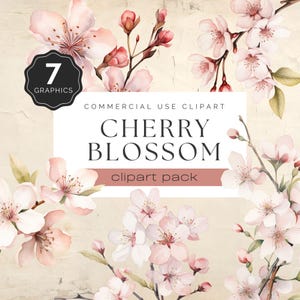 Cherry Blossom Clipart, Pink Flowers png, Watercolor Spring, Asian Greenery, 7 PNG Graphics for Commercial Use | UC003