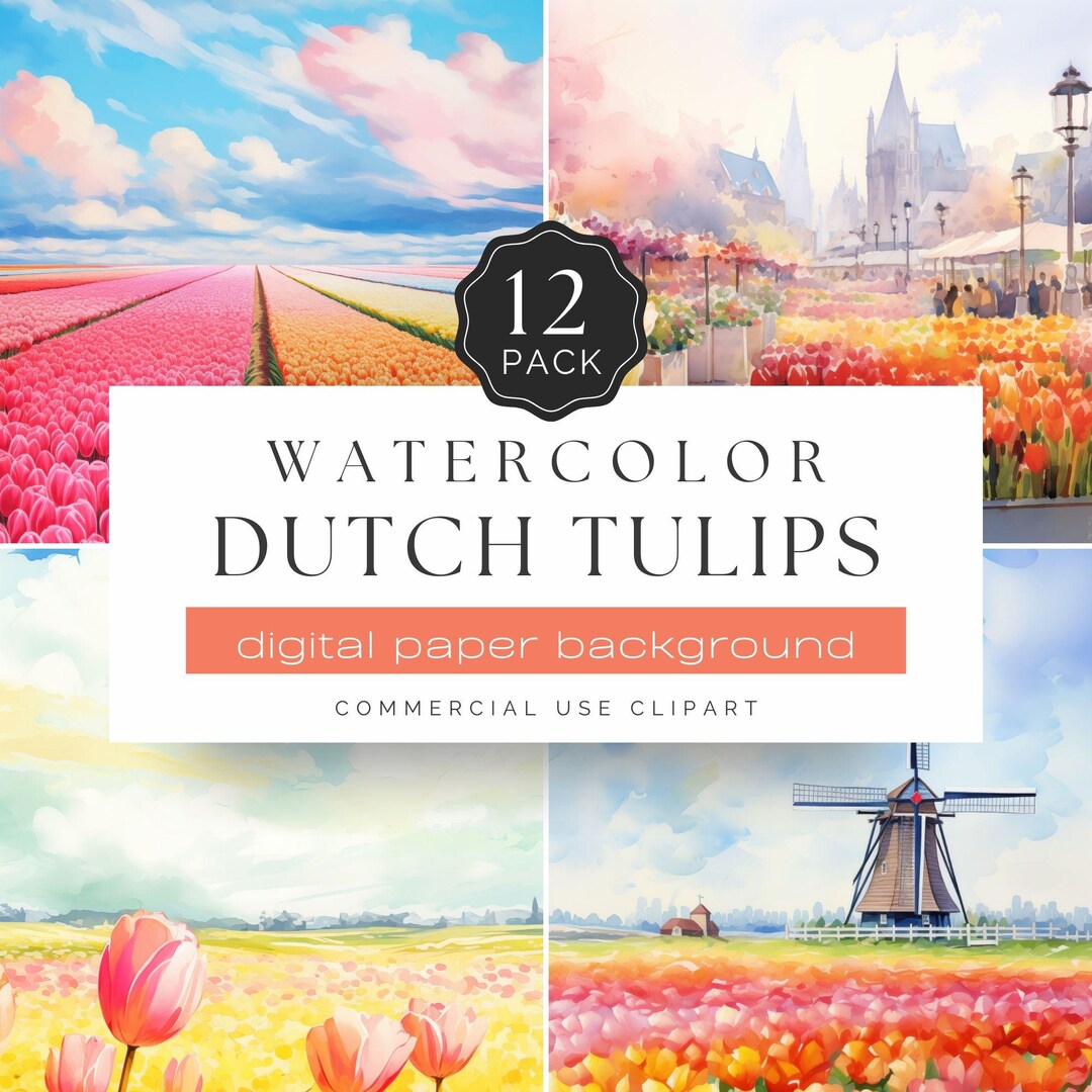 Dutch Tulips Watercolor Paper - 12 Spring Floral Digital Backgrounds ...