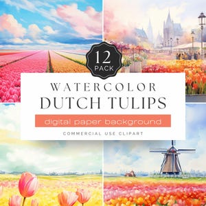 Papel de acuarela con tulipanes holandeses - 12 fondos digitales florales de primavera, clipart de paisaje de molinos de viento, uso comercial / UC302